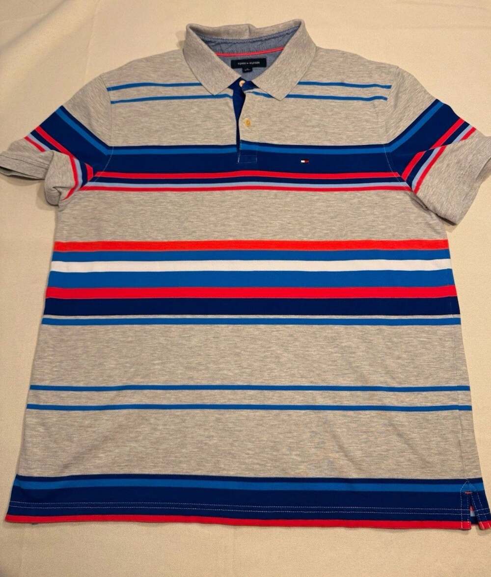 Y2K Tommy Hilfiger Men’s XL Striped Short Sleeve Polo Shirt Logo Gray